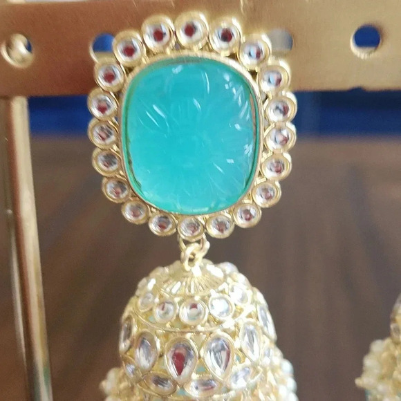 Bollywood Style Carved Blue and Gold Jhumkas - Picture 3 of 8